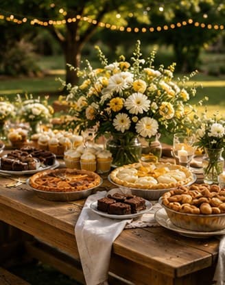 An outdoor family reunion dessert table set with pies, cupcakes, and treats under warm string lights.