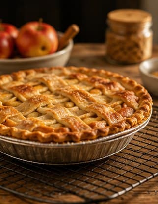A golden lattice-top pie cooling on a wire rack with apples and jars in a warm kitchen.