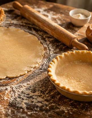 Pie dough rolled out with a wooden rolling pin beside an empty pie tin on a floured board.