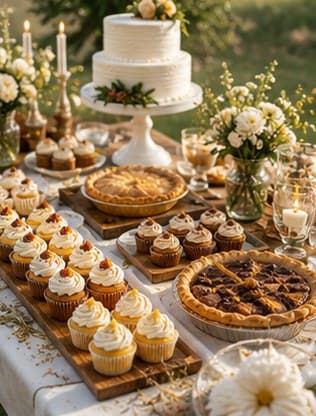 A wedding dessert spread with a tiered cake, cupcakes, and pies among soft florals and candlelight.